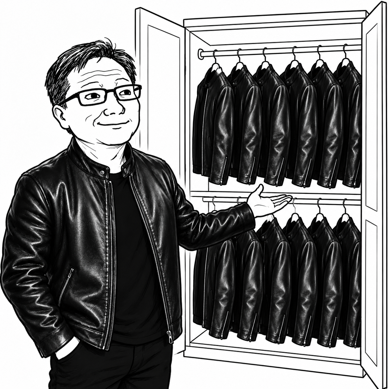Jensen presenting a wardrobe packed with identical leather jackets