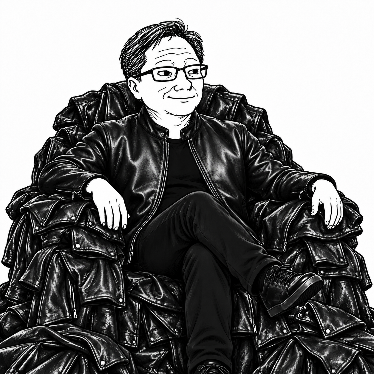 Jensen seated on a throne made from leather jackets